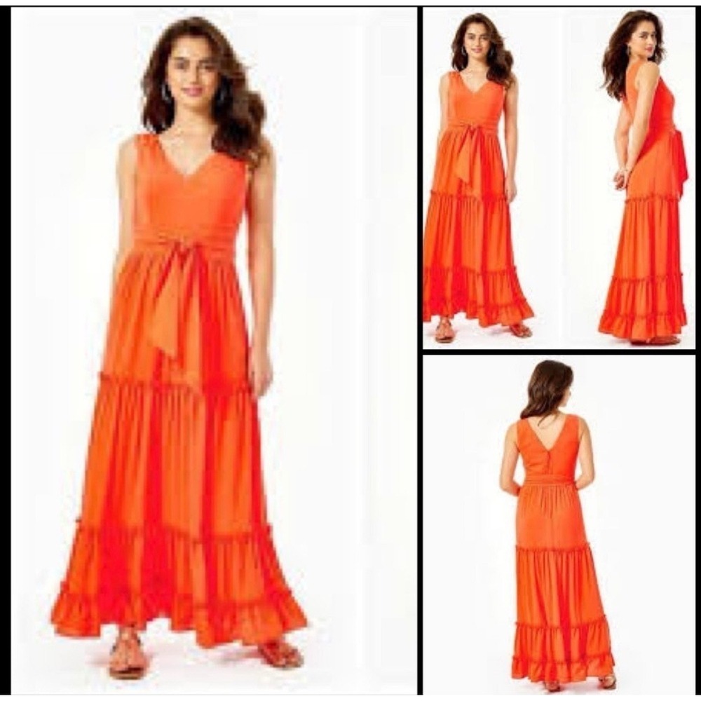 Lilly Pulitzer Violetta Orange Maxi Dress V-Neck Sleeveless Ruffle Hem Sz 4
